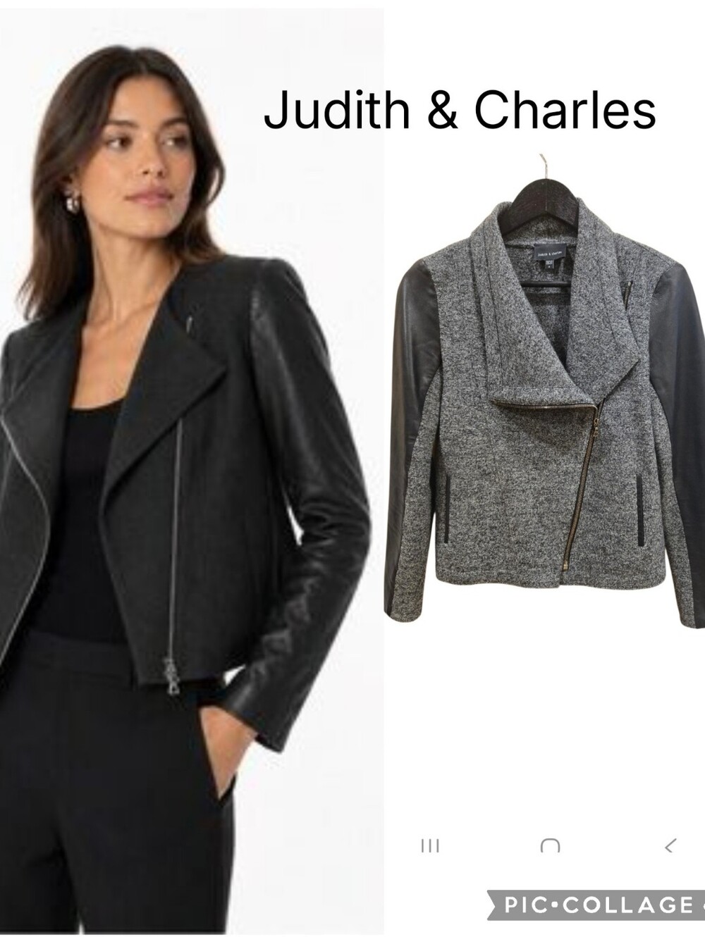 Judith & Charles Gray Wool Moto Jacket with Black Leather Sleeves Sz 4 Like New